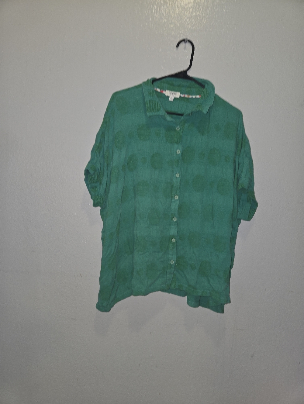 Umgee Women's Emerald Green Textured Button Down Shirt Large Boho Short Sleeve L